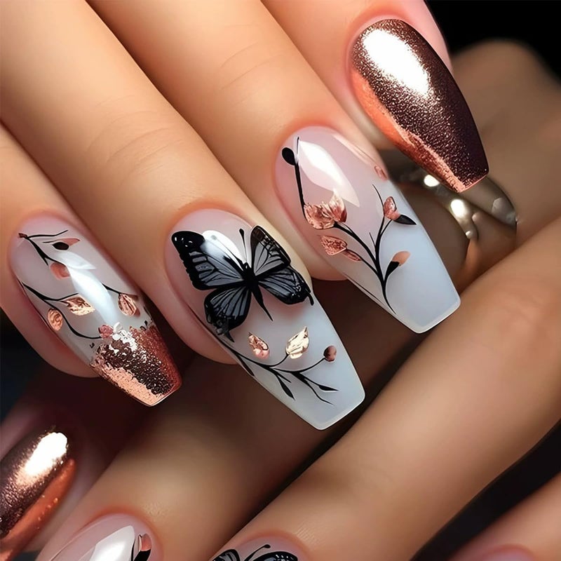 juggssa Long Press on Nails Coffin French Fake Nails with Butterfly Leaf Print Designs Acrylic Nails Press on Glitter French Glue on Nails Gradient False Nails with Glue Spring Stick on Nails for Women 24PCS - Image 1